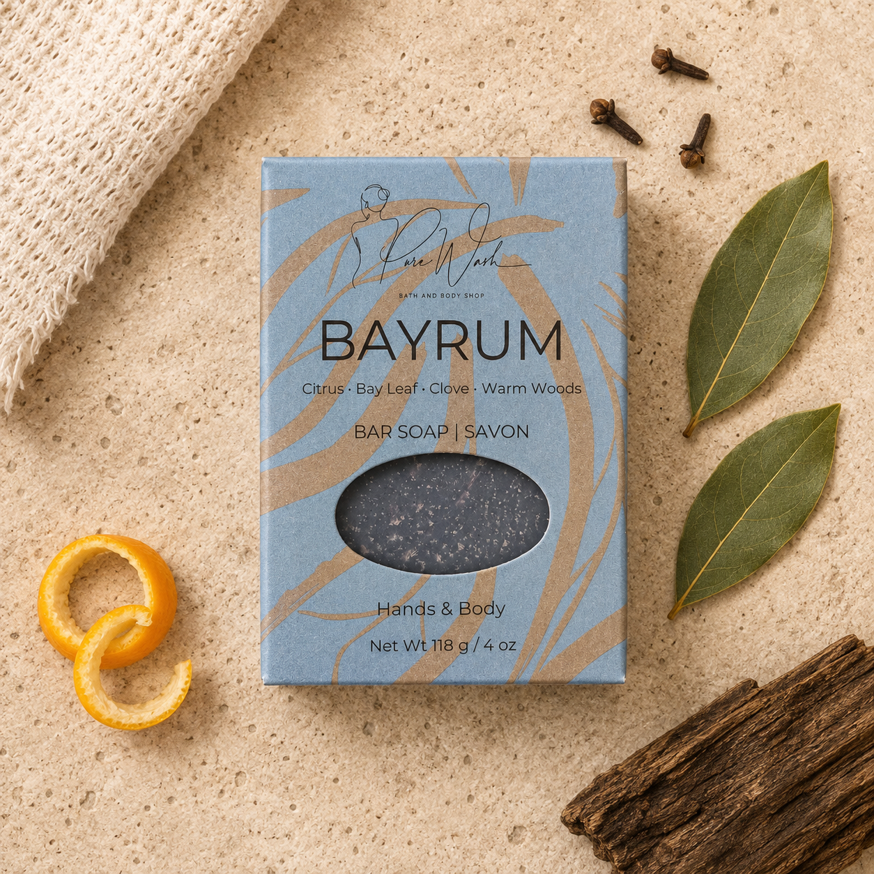 Bay Rum soap bar by Pure Wash, a barbershop-scented bar for hands, body and face