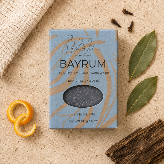 Bay Rum soap bar by Pure Wash, a barbershop-scented bar for hands, body and face