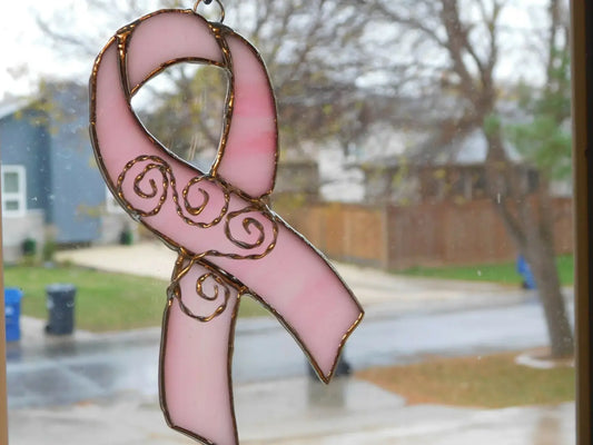 Bcam pink ribbon handcrafted suncatcher with pink stained glass and gold foil detailing for breast cancer awareness