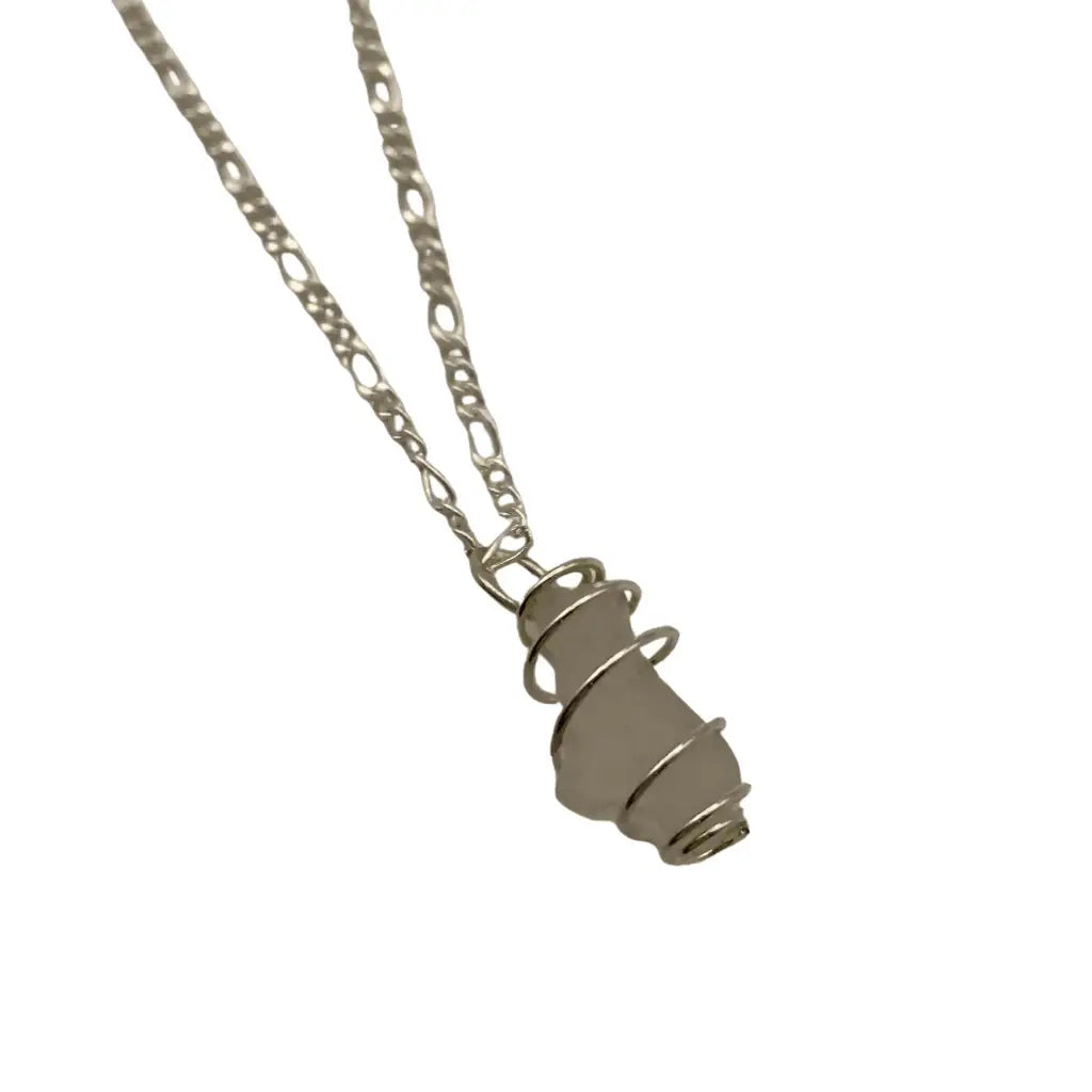 Silver chain necklace with green beach glass caged pendant featuring genuine wrapped glass pendant design