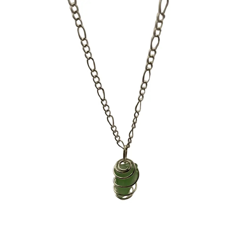 Delicate green beach glass caged pendant wrapped in silver wire on an oxidized sterling silver chain genuine glass pendant