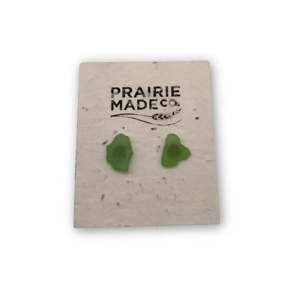 Green leaf-shaped beach glass stud earrings from prairie made co featuring genuine beach glass material