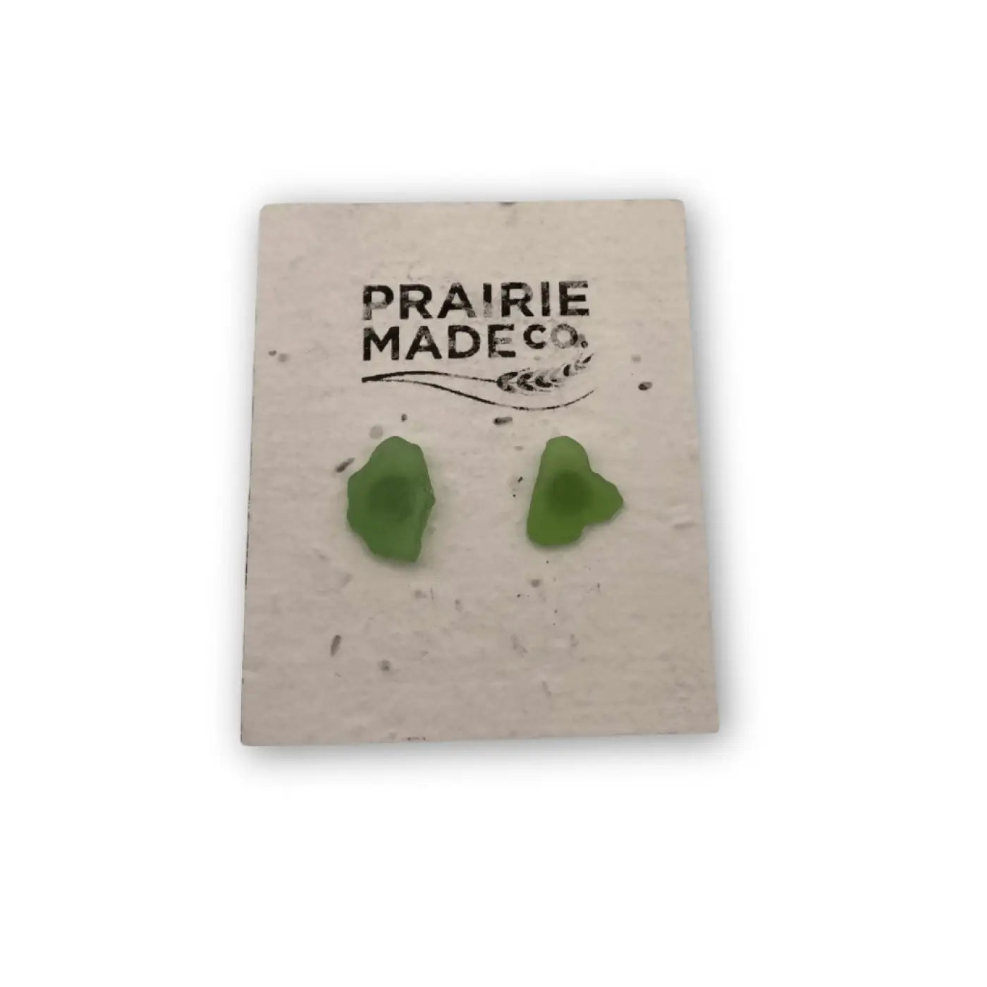 Green leaf-shaped beach glass stud earrings from prairie made co featuring genuine beach glass material