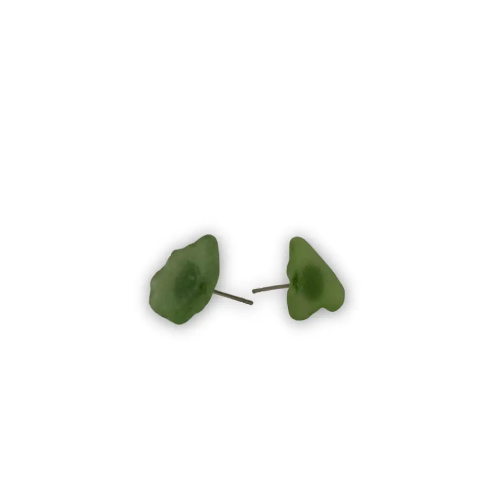 Green leaf-shaped beach glass stud earrings made of smooth translucent genuine beach glass material