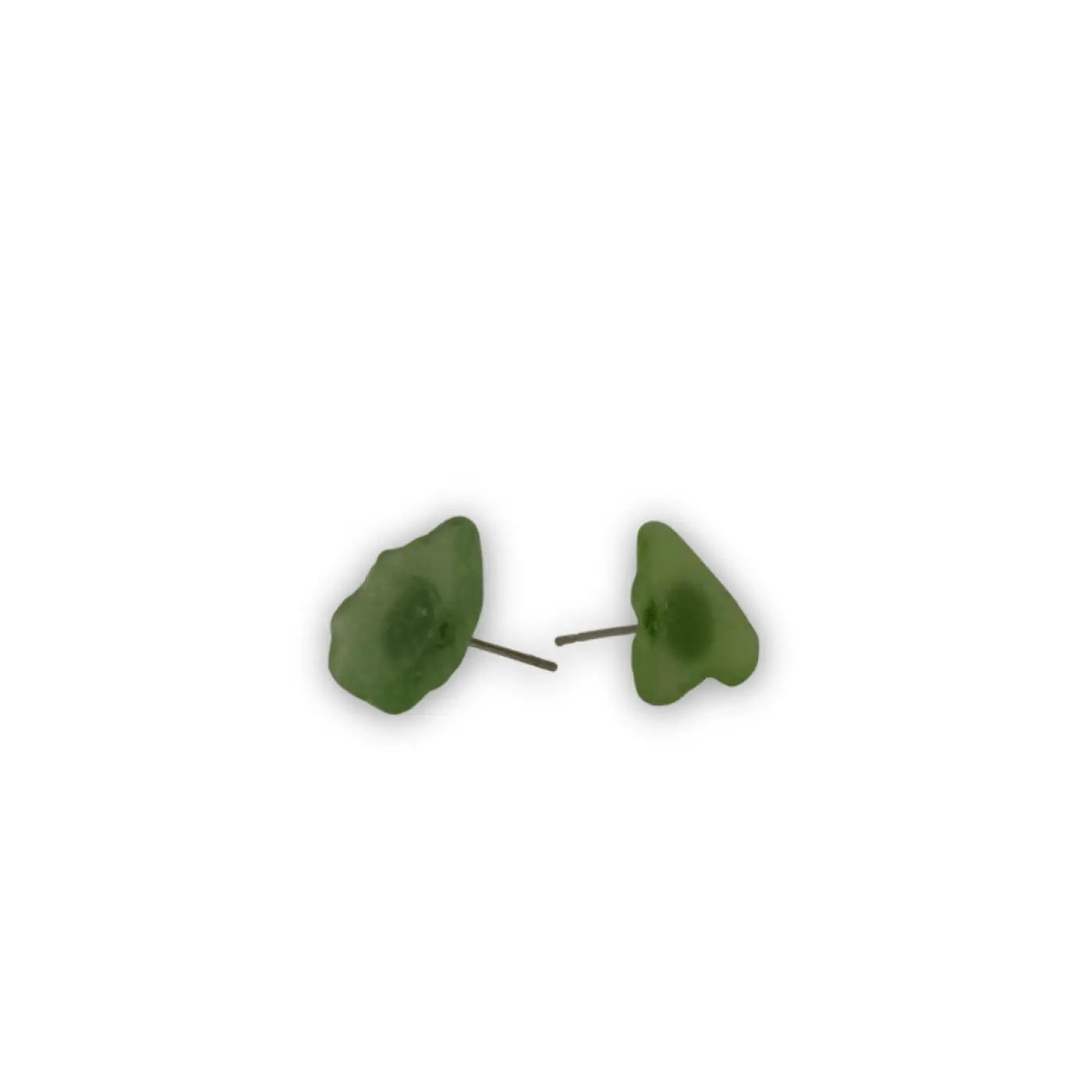 Green leaf-shaped beach glass stud earrings made of smooth translucent genuine beach glass material