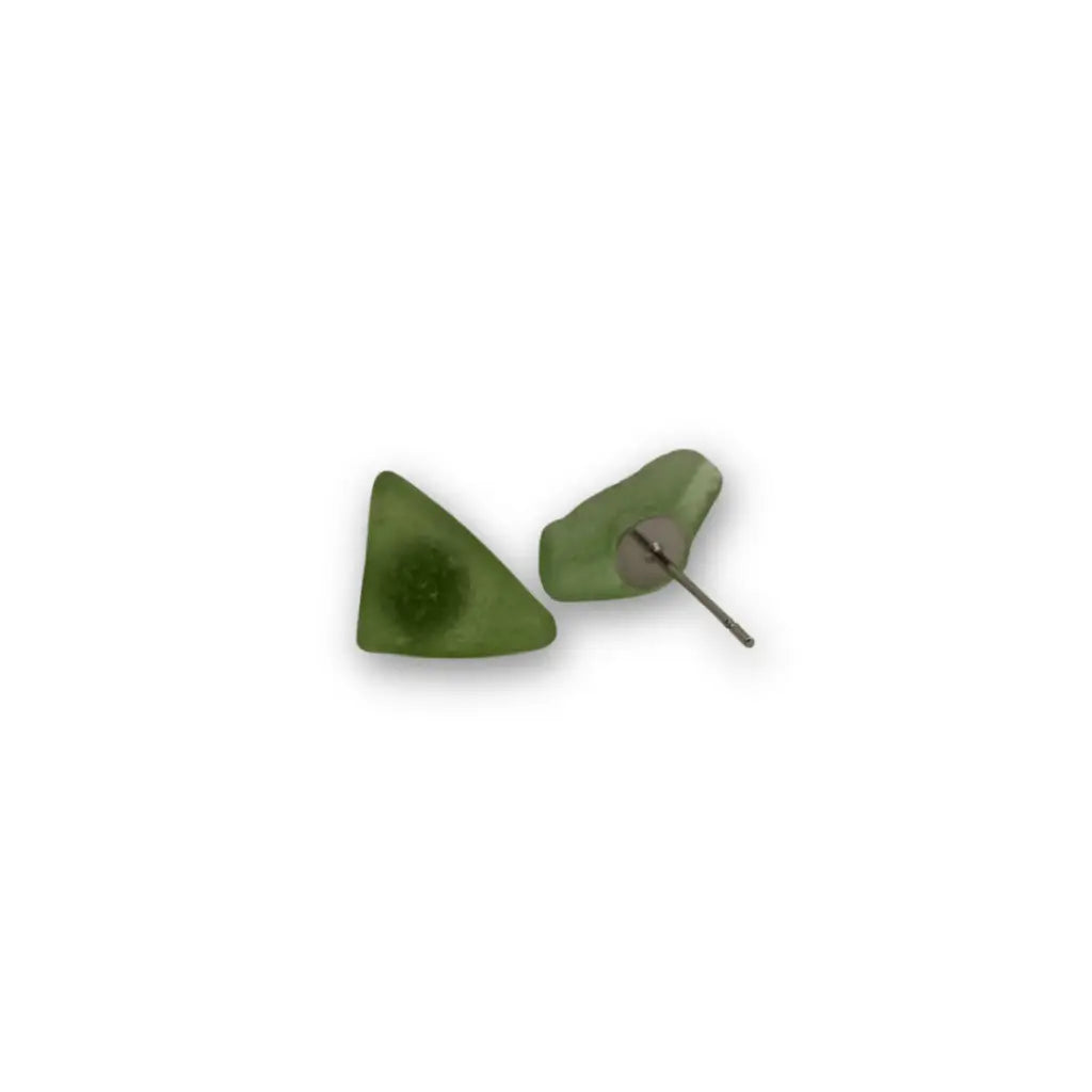 Green triangular beach glass stud earrings with matte finish and subtle texture made from genuine beach glass