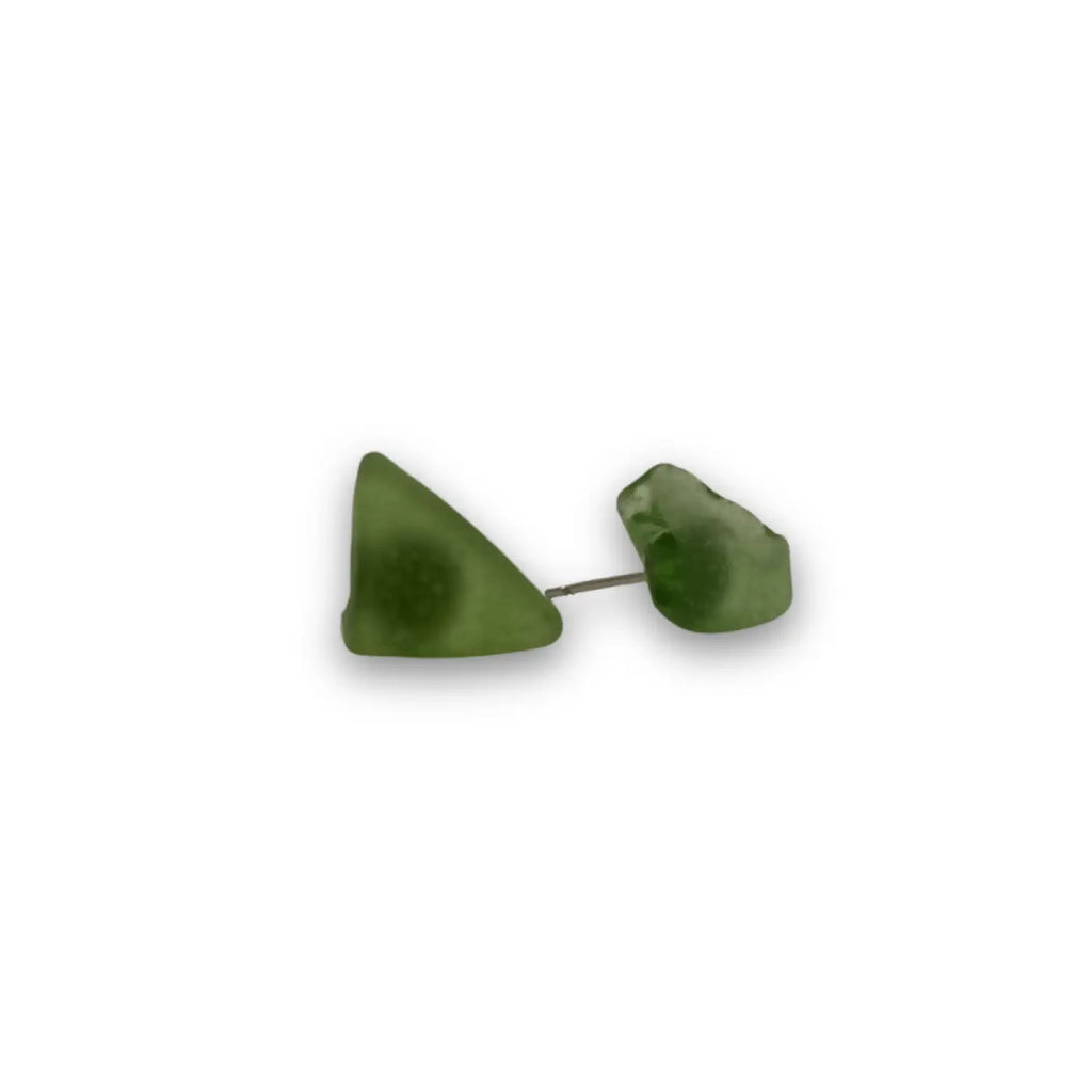 Green triangular beach glass stud earrings with matte finish and subtle texture made from genuine beach glass