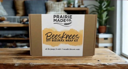 Beesknees Beeswax Wrap Kit by Prairie Made Co., with finished beeswax wraps in assorted sizes.