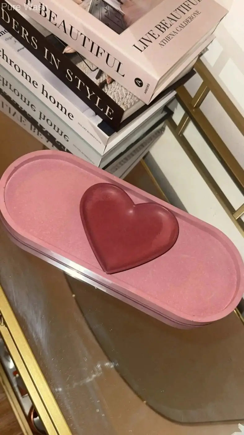 Pink heart-shaped tray featuring a glossy red heart centerpiece for handmade soap canada by pure wash big heart collection