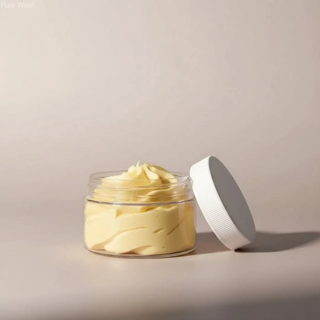 A clear glass jar with a white lid filled with creamy pale yellow whipped body butter with cocos nucifera and theobroma cacao