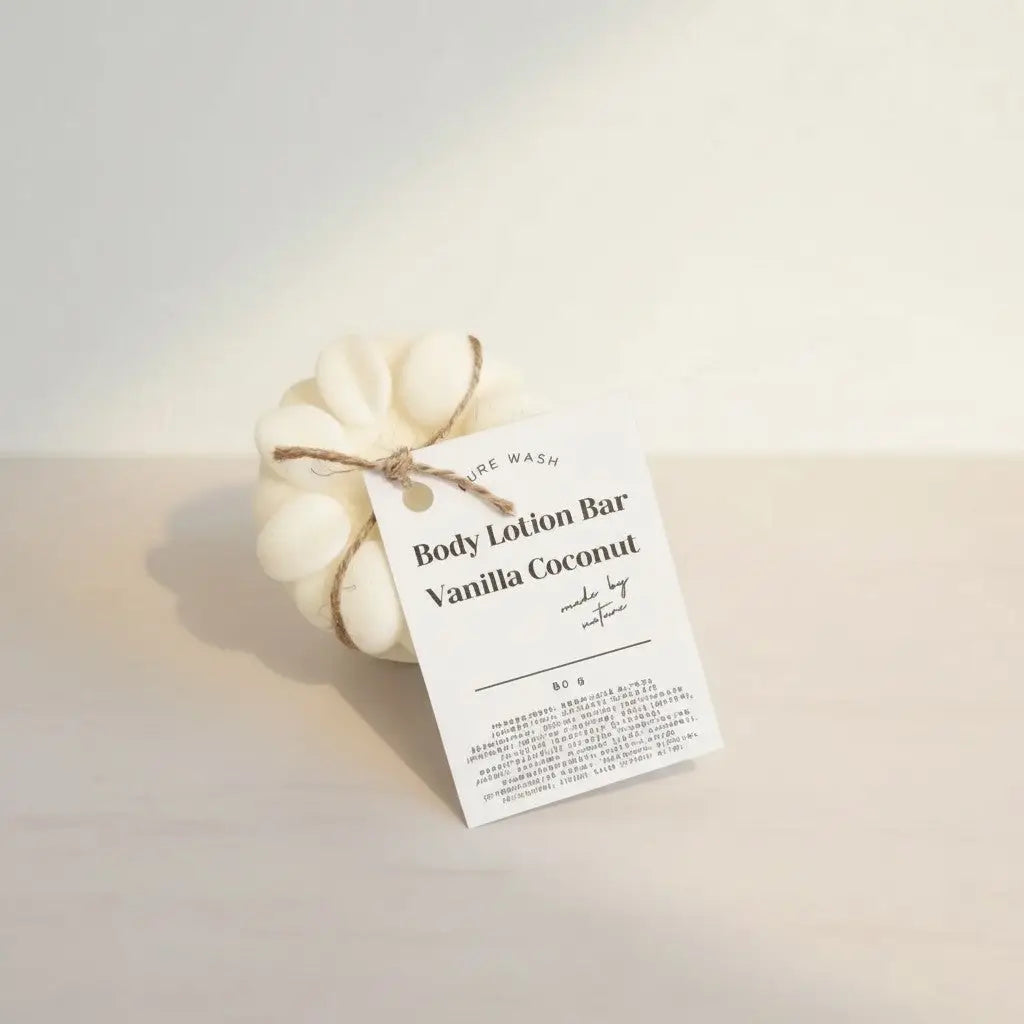 Cream-colored flower-shaped body lotion bar with natural twine tie and minimalist white tag solid moisturizer for pure wash