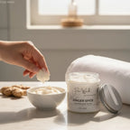 White ceramic jar of pure wash ginger spice clarified body butter with silver lid for ultra-nourishing body care