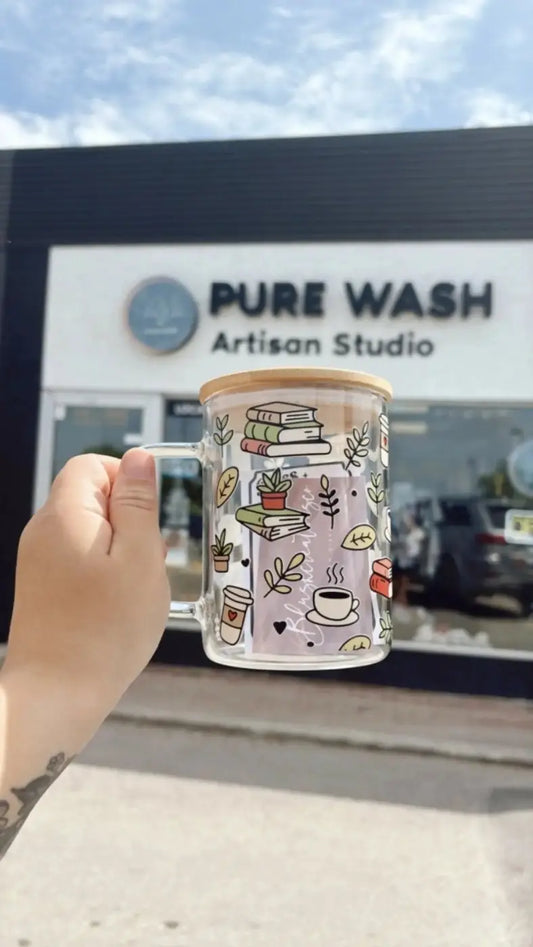 Clear glass bookish glass mug with bamboo lid and pastel design of books plants coffee cups for pure wash use
