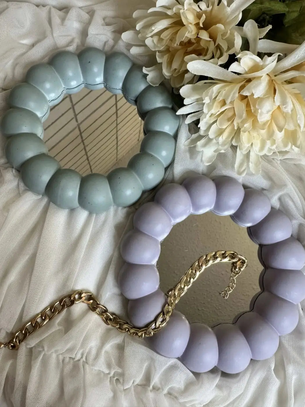 Bubble mirror light blue and lavender beaded necklaces with gold chain accents handmade soap canada accessory