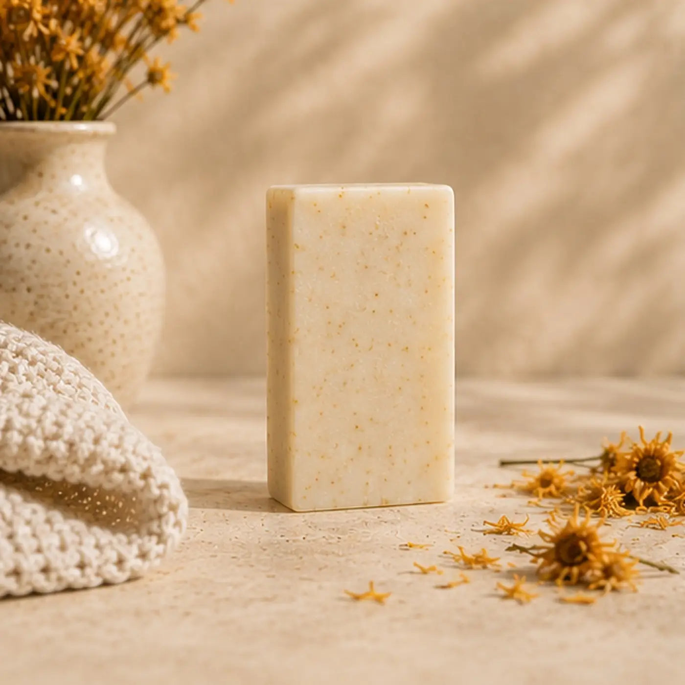 Cream-colored calendula soap bar with dried calendula flowers supports healthy skin and soothes easily irritated skin