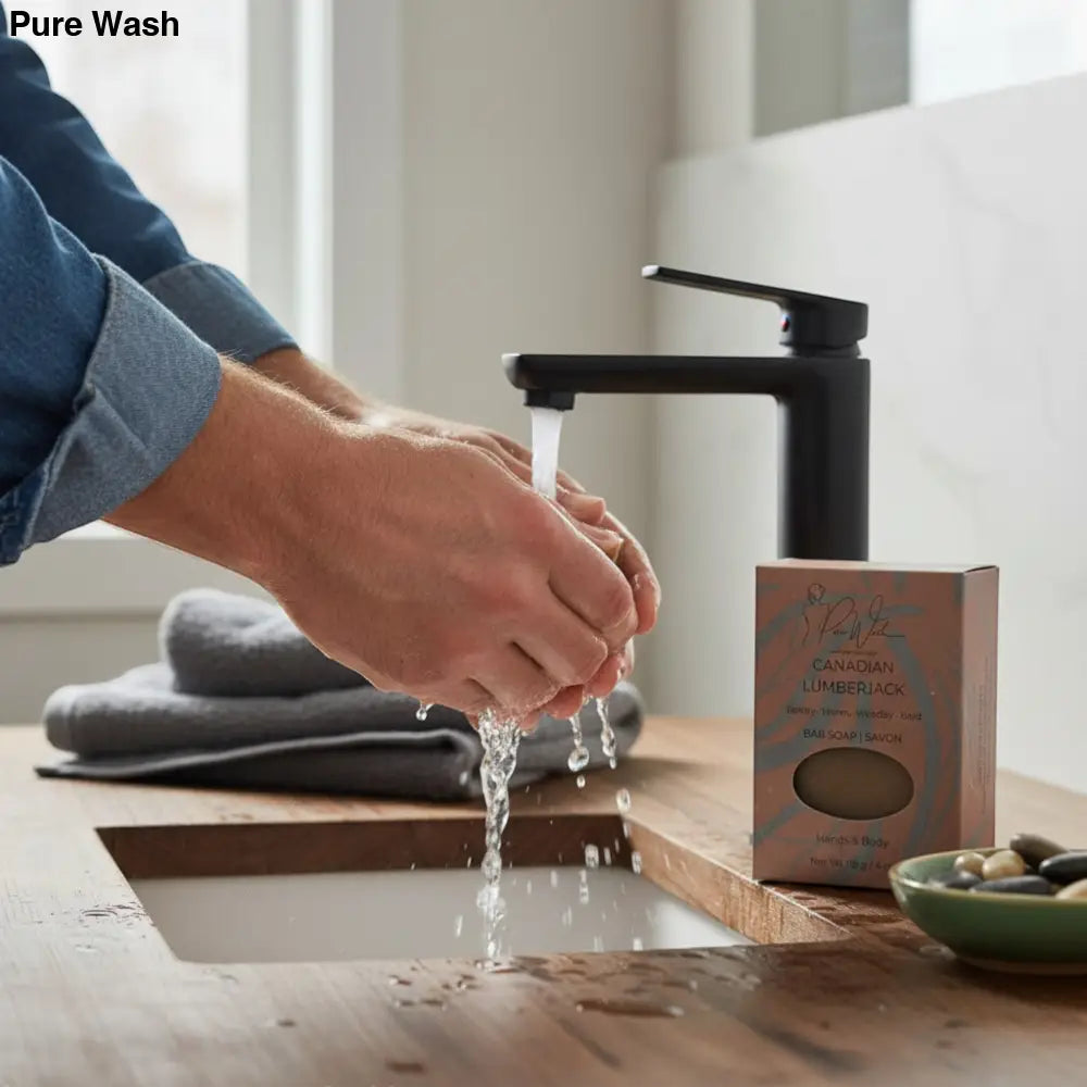 Pure Wash Canadian Lumberjack bar soap, earthy, warm, woodsy, and bold scent for hands and body.