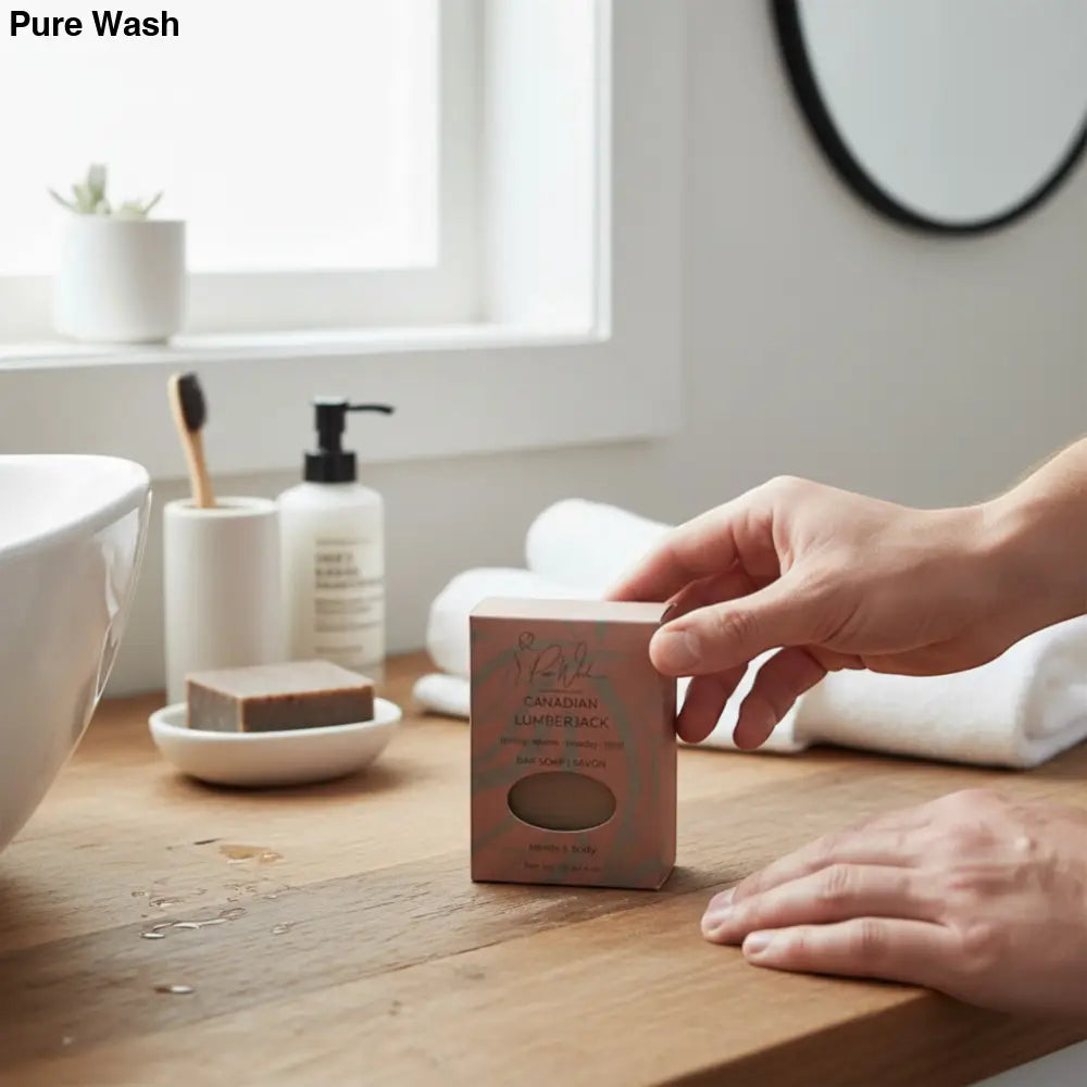 Pure Wash Canadian Lumberjack bar soap, earthy, warm, woodsy, and bold scent for hands and body.