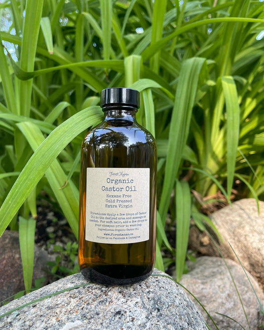 Castor oil by forestmama, organic cold-pressed and hexane free, in an amber glass bottle
