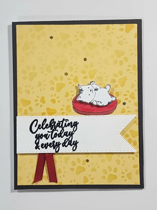 A cat 7 standard card featuring a white cartoon cat lounging on a red cushion with a yellow paw print design