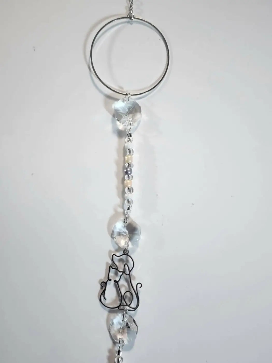 Silver wire cat silhouette hanging ornament with clear crystal beads and circular top ring for dog long suncatcher