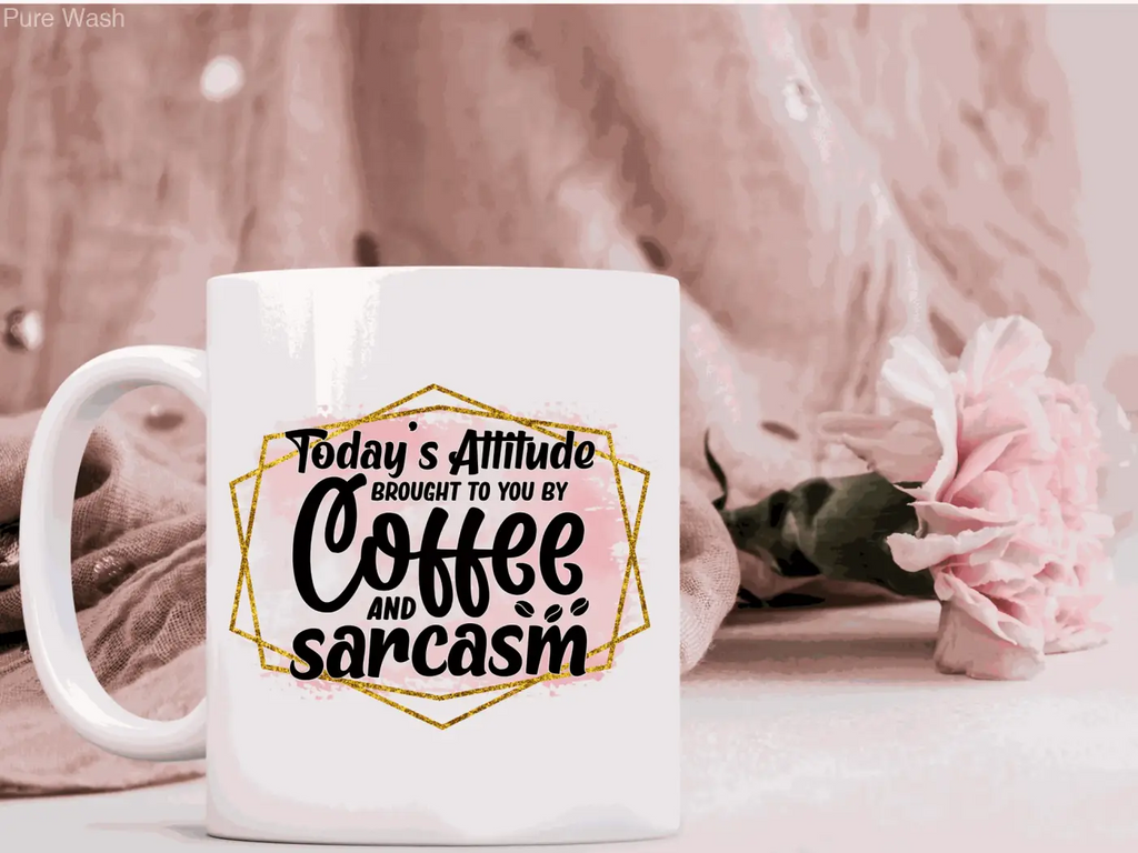 White ceramic mugs 11 oz with glossy finish featuring coffee and sarcasm phrase in gold frame on pink background