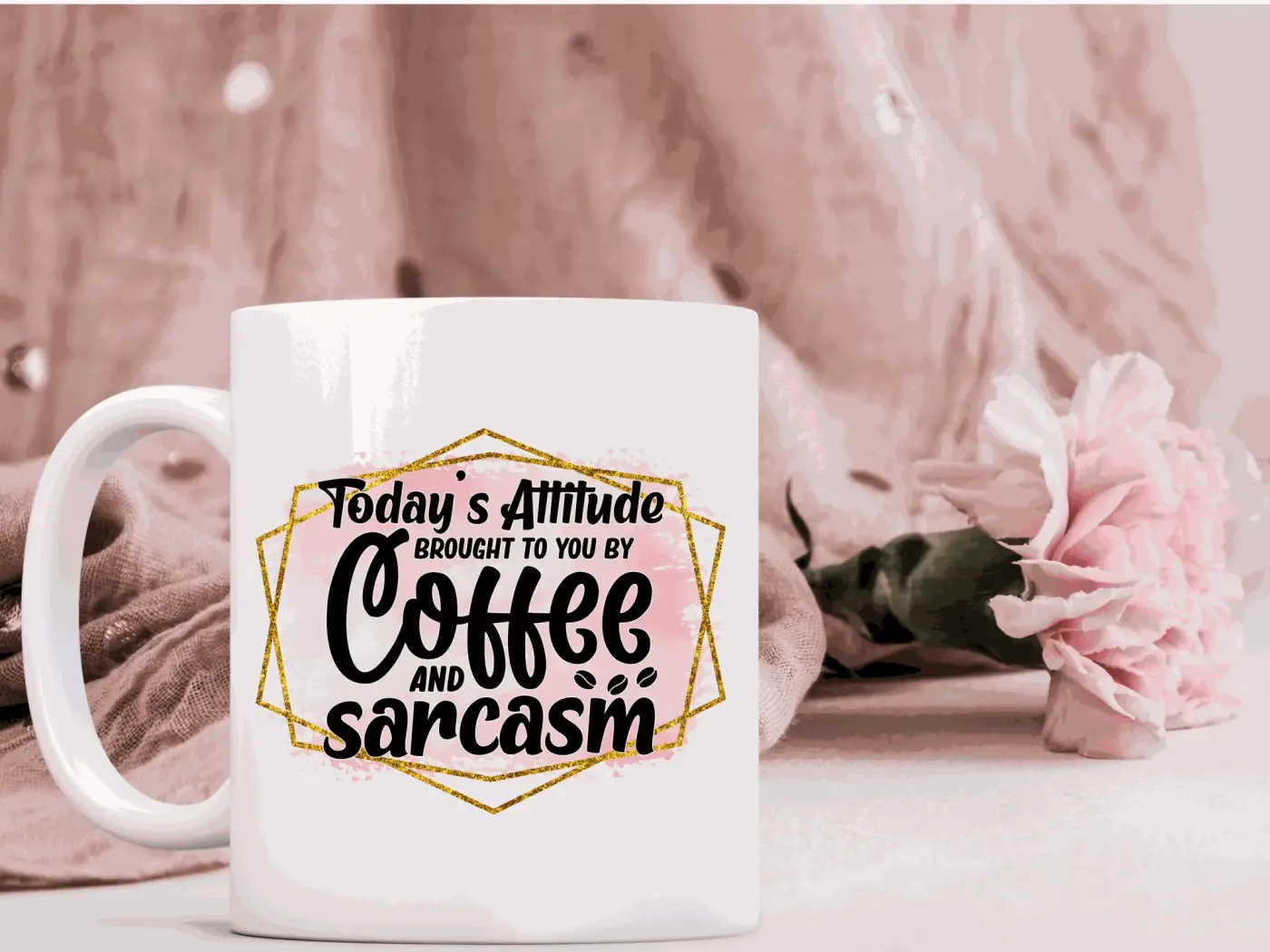 White ceramic mugs 11 oz with glossy finish featuring coffee and sarcasm phrase in gold frame on pink background