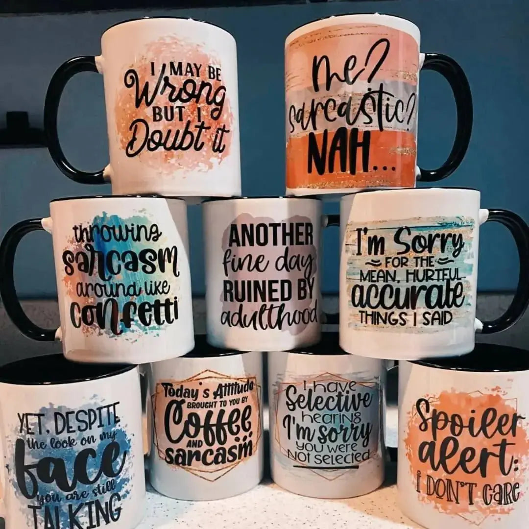 White ceramic mugs 11 oz with black handles and colorful watercolor text designs ideal for handmade soap Canada gifts