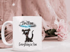 White ceramic mug featuring a cartoon black dog under a storm cloud with text i’m fine everything is fine ceramic mugs