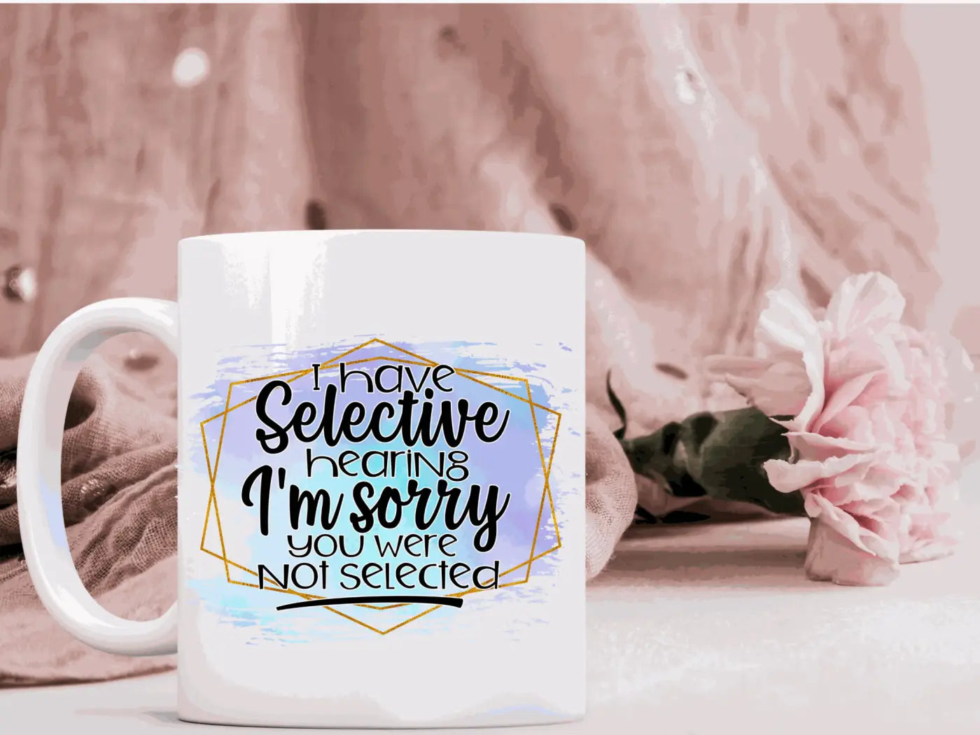 White ceramic mug 11 oz with glossy finish and black script in gold frame on light blue background ceramic mugs