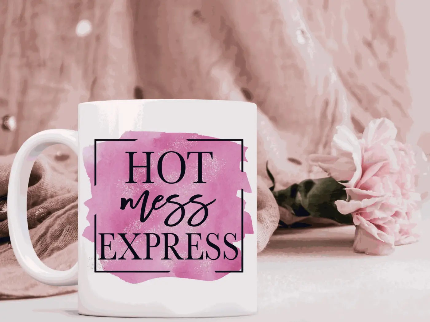 White ceramic mugs 11 oz with pink watercolor splash and hot mess express text ideal for handmade soap canada gifts