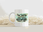 White ceramic mug 11 oz with teal and gold brushstroke design and apology text ideal for ceramic mugs and pure wash use