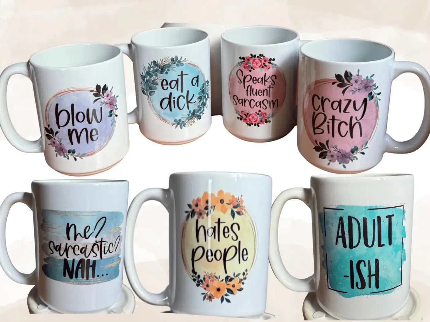 Ceramic mugs 15oz white ceramic mugs with colorful floral designs and humorous text perfect for pure wash use