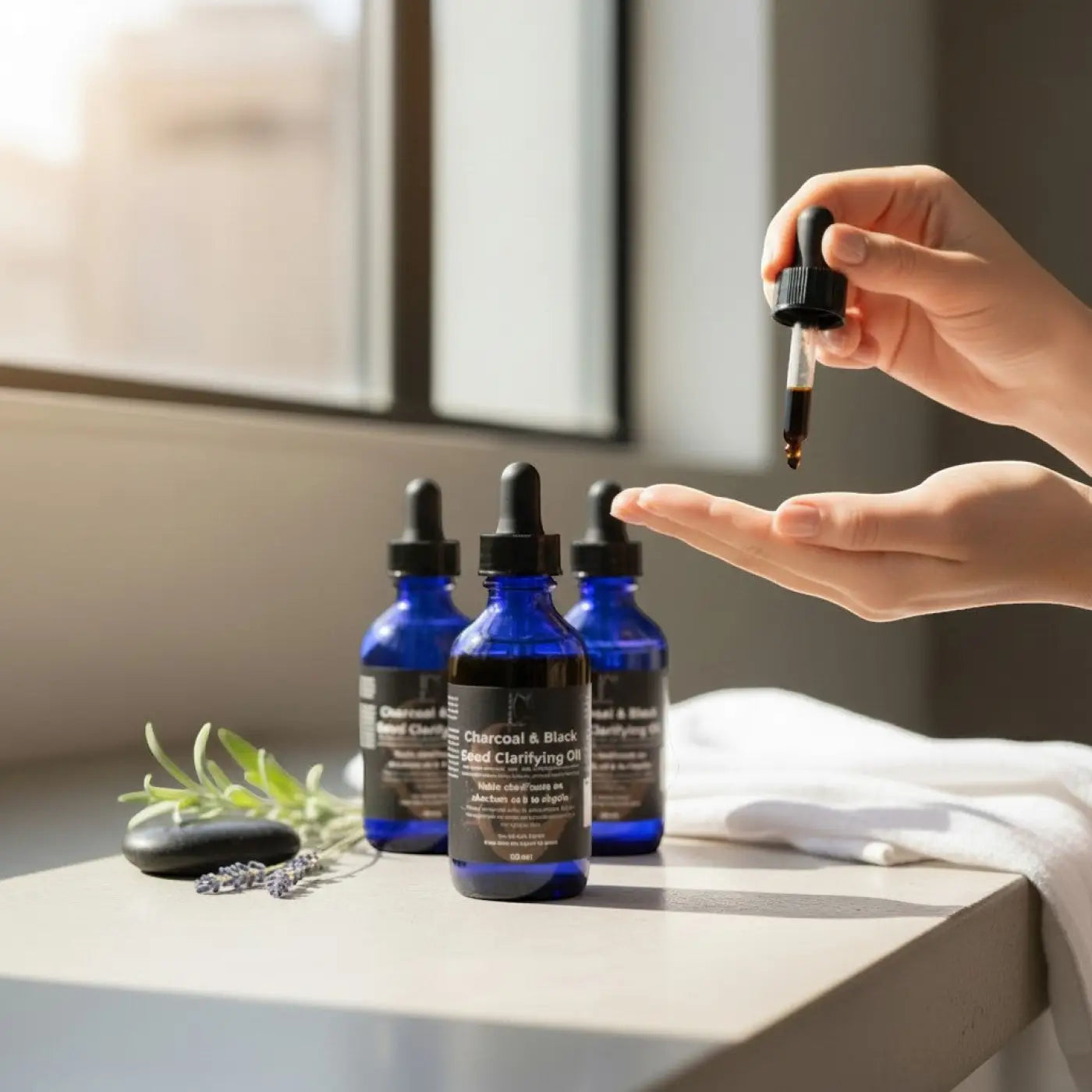 Deep blue glass bottles with black dropper caps containing charcoal and black seed clarifying oil for dark spots and balances sebum production