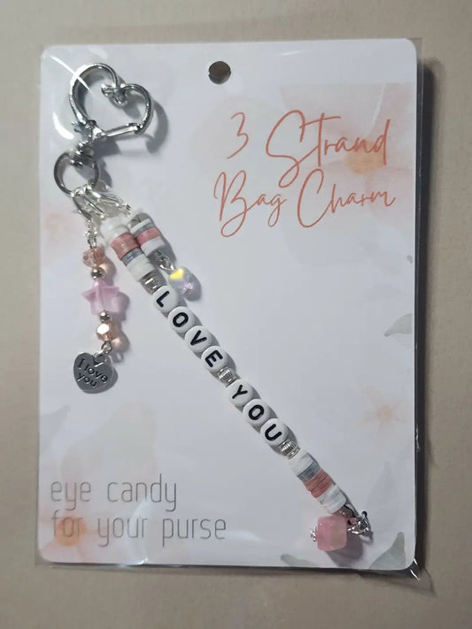 Charm 4 delicate pink and white handmade beaded bag charm with silver heart clasp and love you letter beads ideal for direct sunlight display