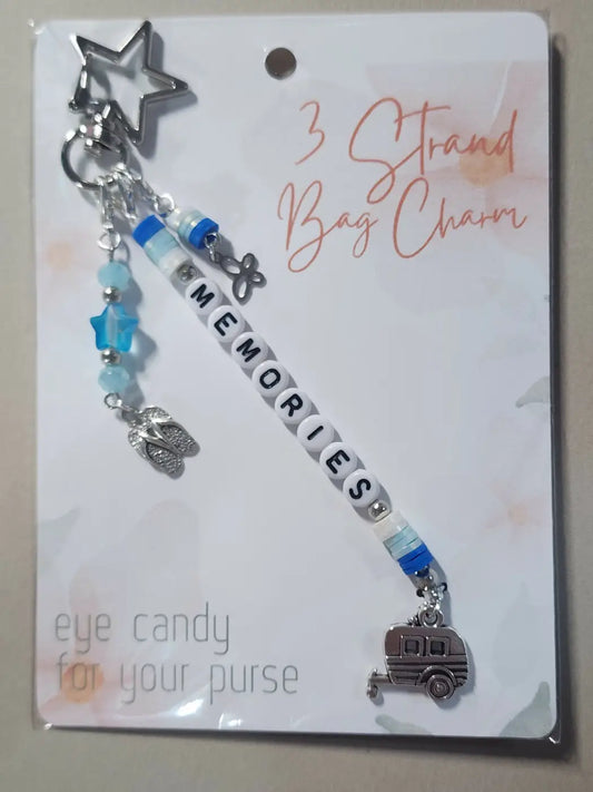 Silver-toned 3-strand charm 6 bag charm with blue white beads star flip-flop camper trailer and memories beads handcrafted