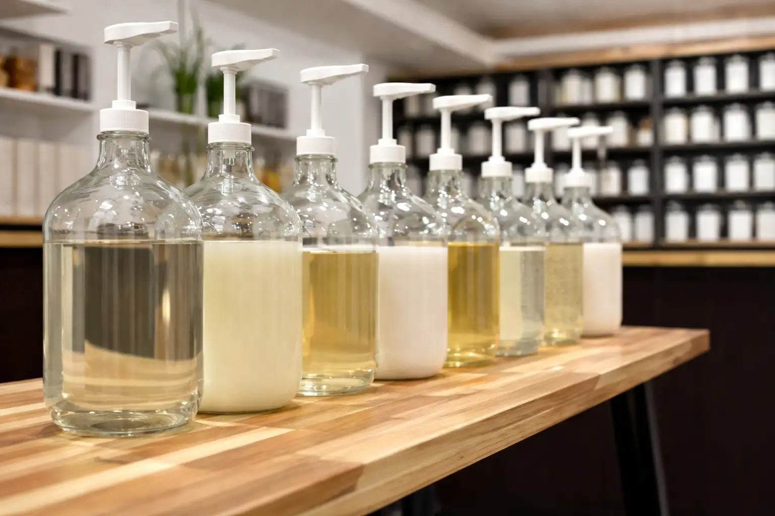 Clear glass pump bottles with white plastic pumps, filled with various colored liquids including transparent and creamy yellow.