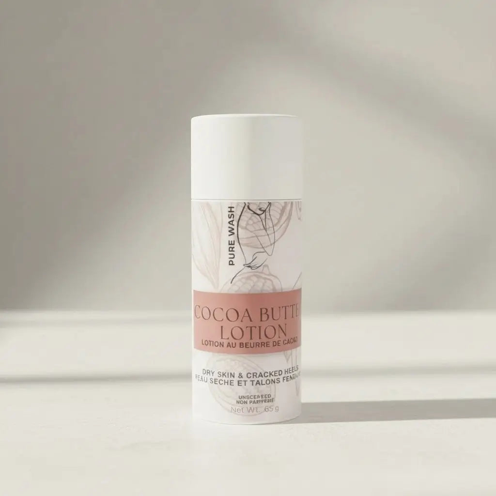 White cylindrical tube of Pure Wash Cocoa Butter Lotion Bar with the cap on