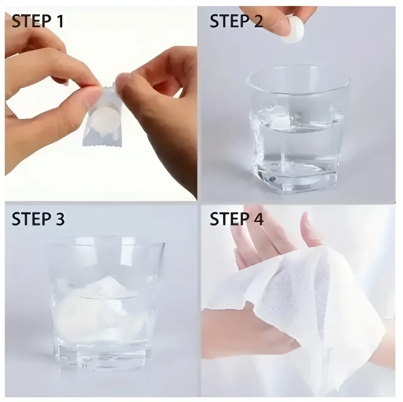 White circular laundry detergent tablet in clear pouch with compressed biodegradable face towels for sensitive skin makeup removal