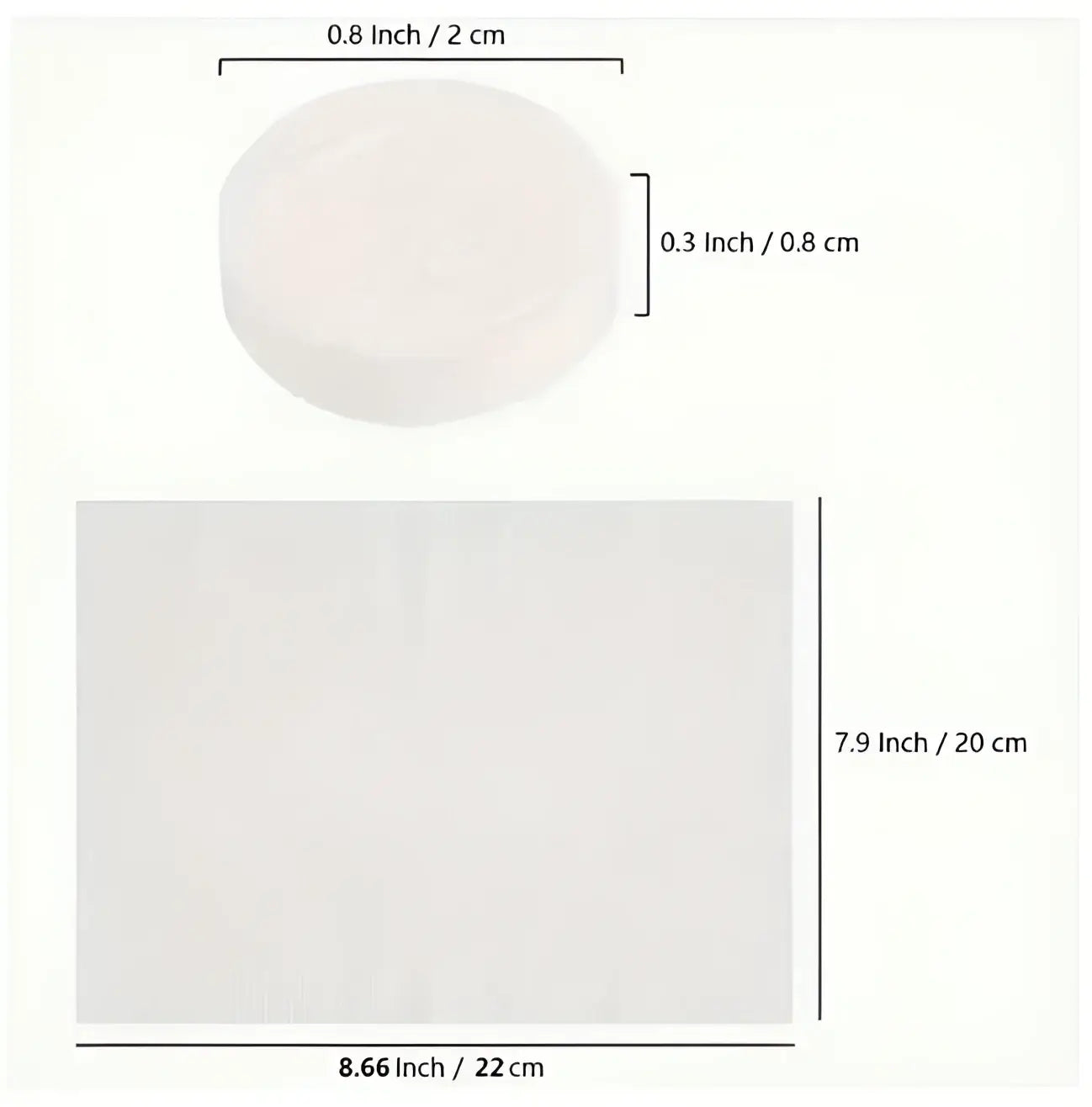 White round 0.8 inch diameter pure wash bar soap with flat base 7.9 by 8.66 inches for compressed biodegradable face towels
