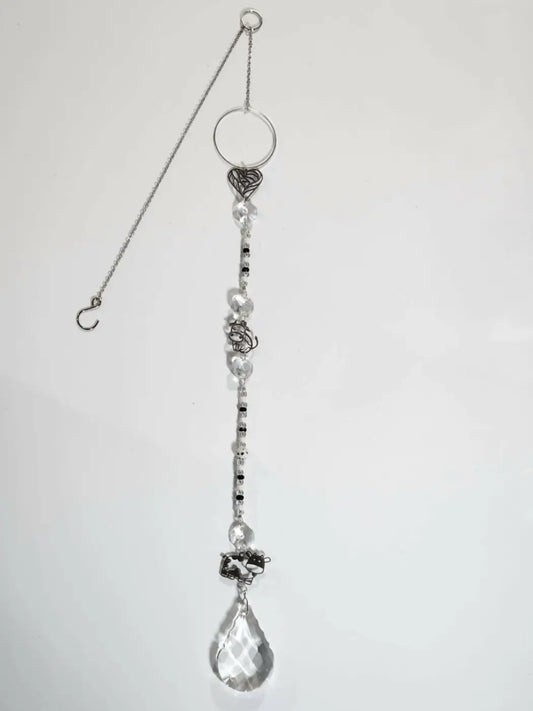 Silver-toned cow long suncatcher with crystal teardrop pendant heart-shaped charms and clear beads small reflective light catcher