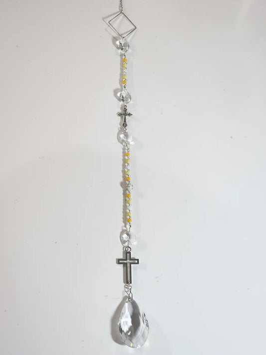Clear crystal bead cross long suncatcher with silver crosses and iridescent teardrop prism small reflective light catcher