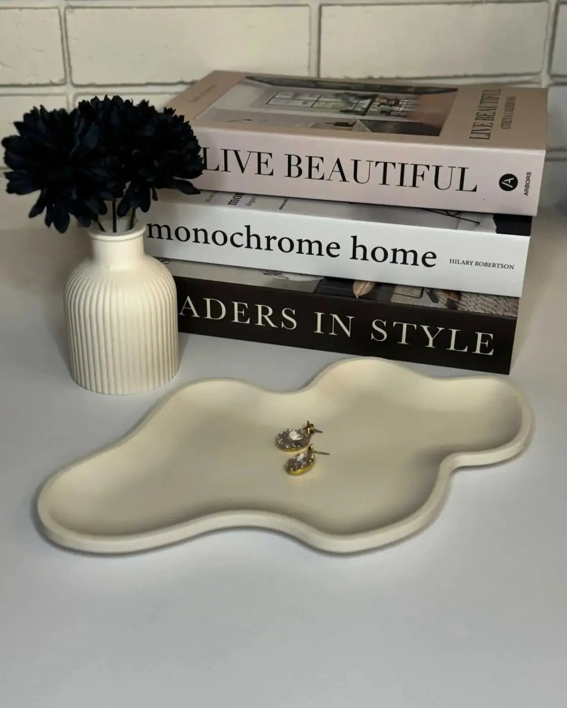 Cream-colored curvy tray ceramic jewelry tray with smooth matte finish ideal for handmade soap canada and pure wash use