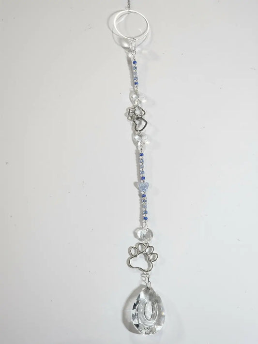 Dog 2 long suncatcher with clear and blue crystal beads silver paw print charms and teardrop pendant iridescent ornament