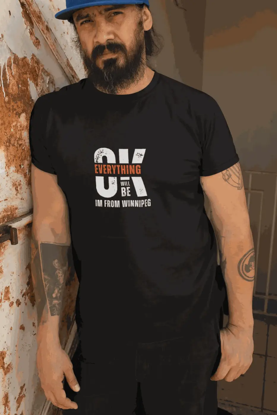 Black cotton casual wear t-shirt with distressed white and orange graphic from everything will be ok im from winnipeg collection