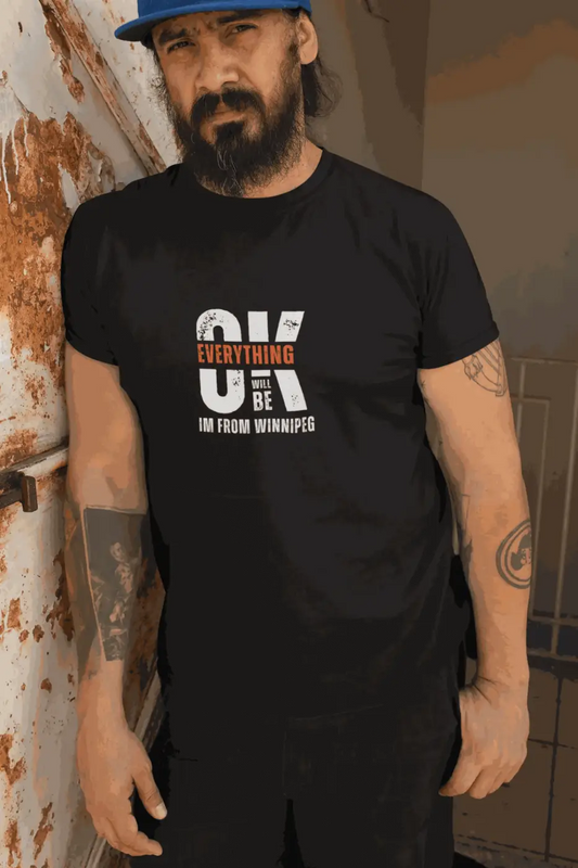 Black cotton casual wear t-shirt with distressed white and orange graphic from everything will be ok im from winnipeg collection