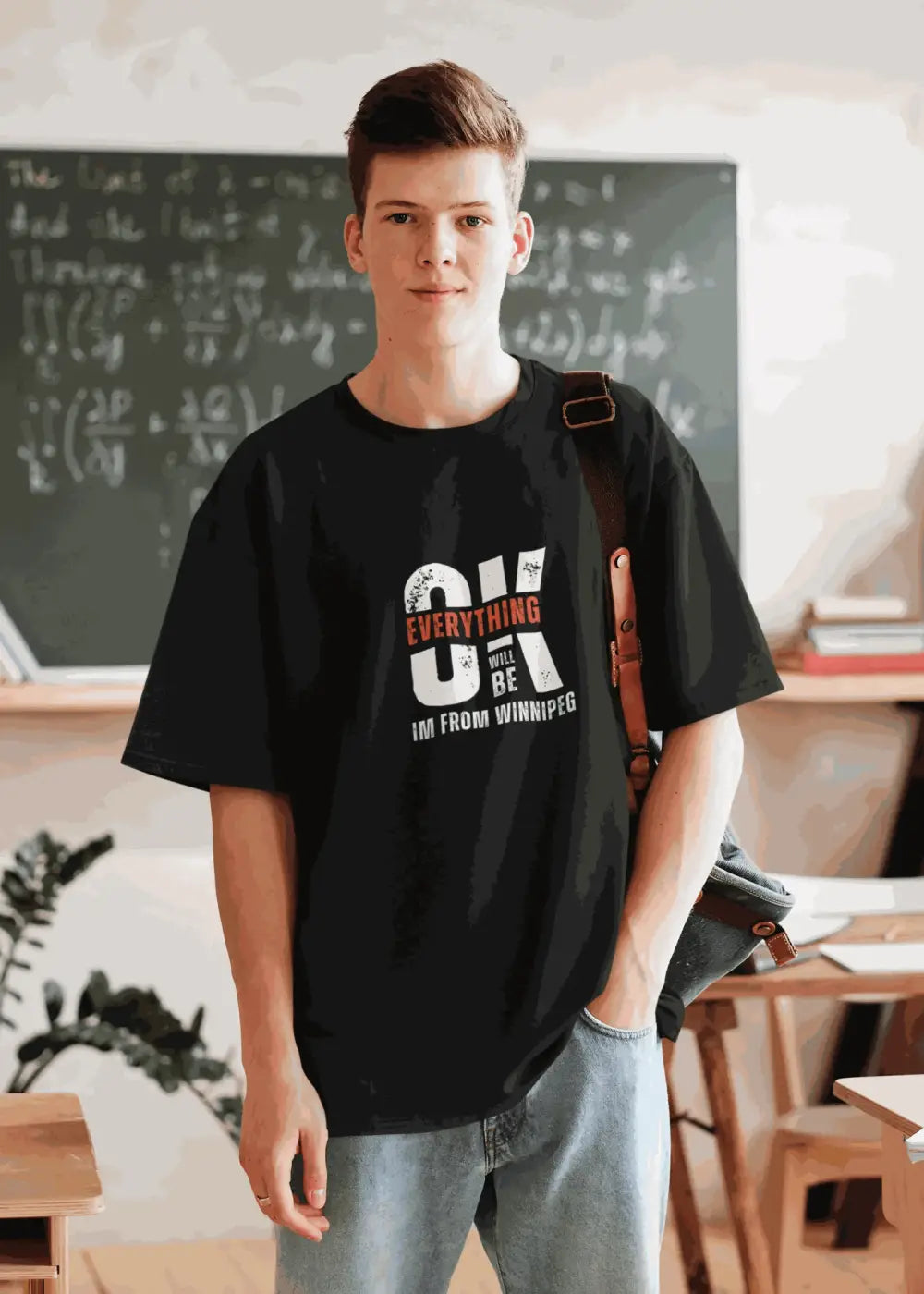 Black cotton casual wear t-shirt with bold white and orange graphic reading ok everything will be im from winnipeg