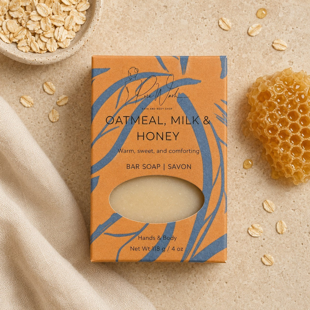 Oatmeal Milk and Honey soap bar by Pure Wash, a gentle bar for sensitive skin