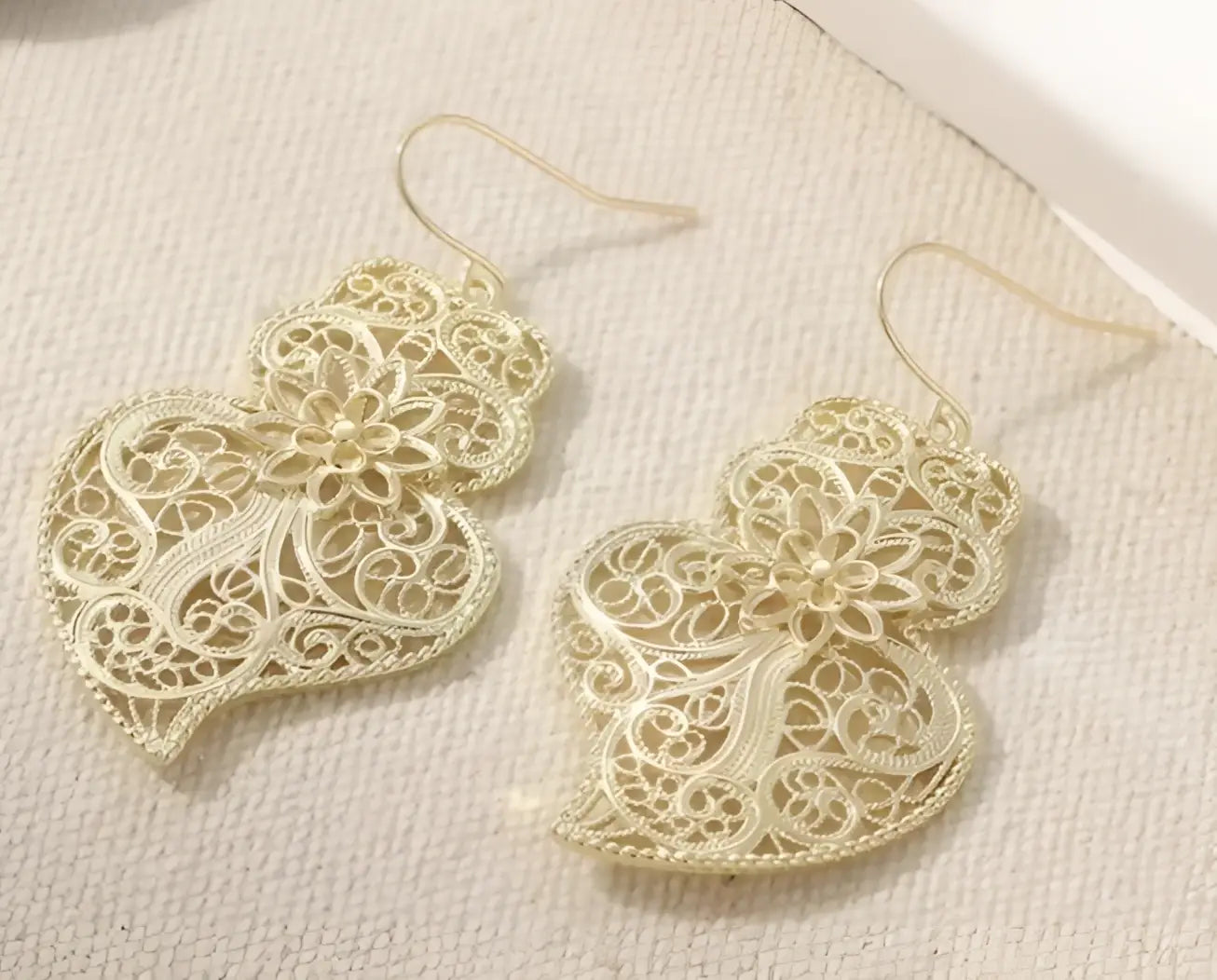 Delicate gold-toned filigree earrings with intricate floral and swirling lace patterns vintage hollow carved design