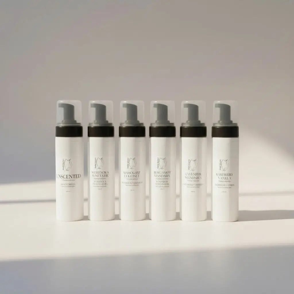 Six white cylindrical foaming hand soap bottles with black pumps and minimalist scent labels in elegant typography