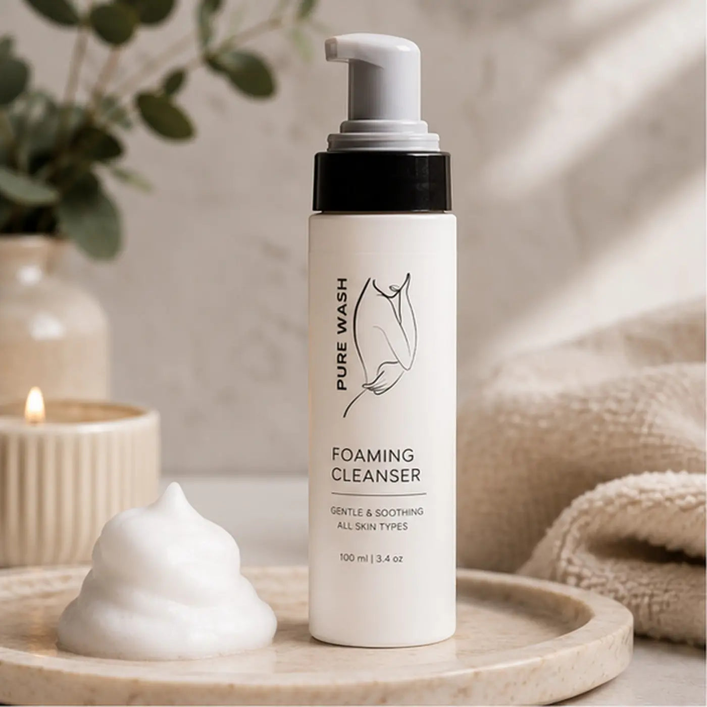 White cylindrical bottle of pure wash foaming hand soap with black pump and minimalist label design